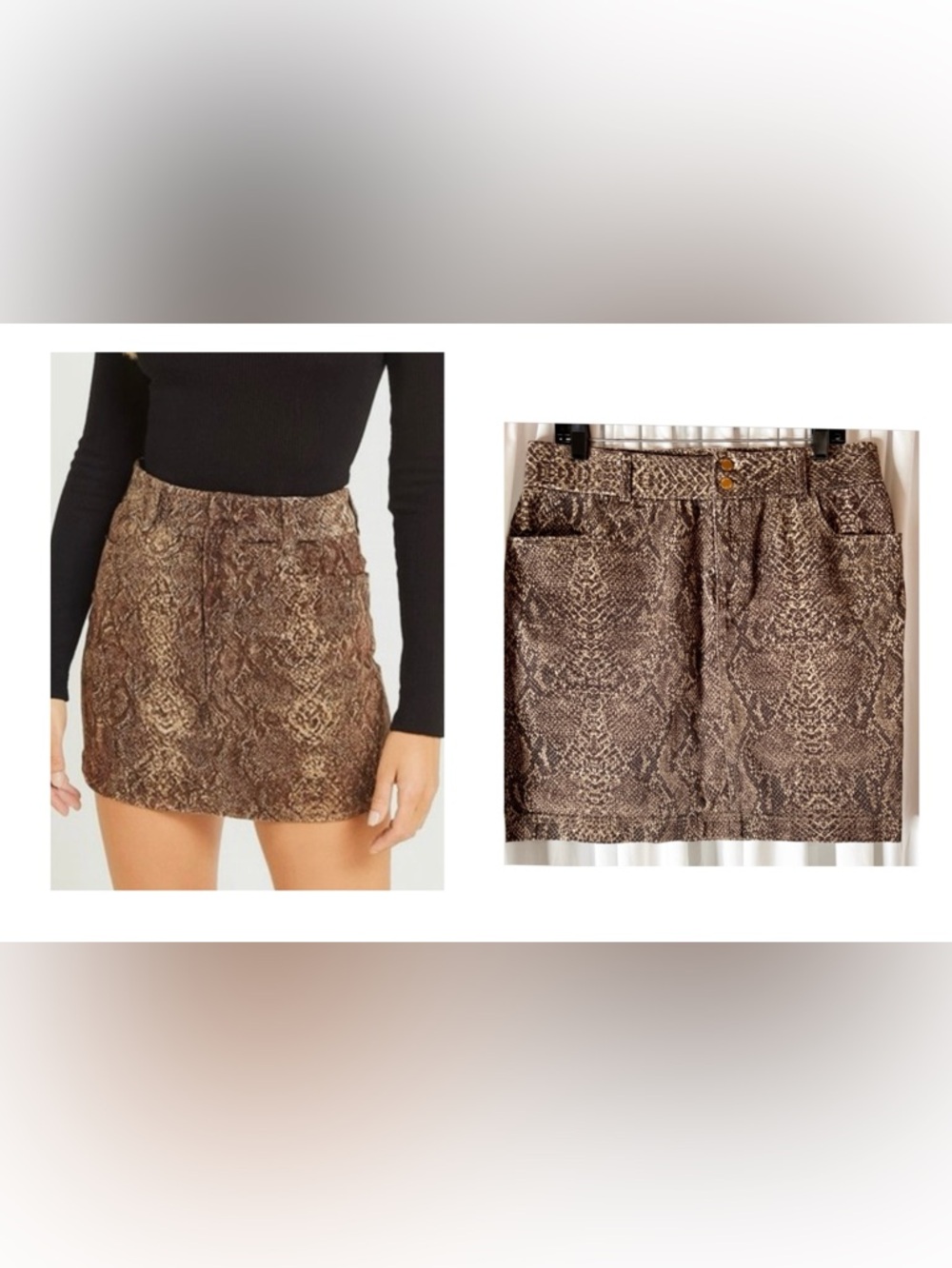 Chaps Brown Tan Snakeskin Print Reptile Cotton Denim Stretch Mini Skirt Size 12